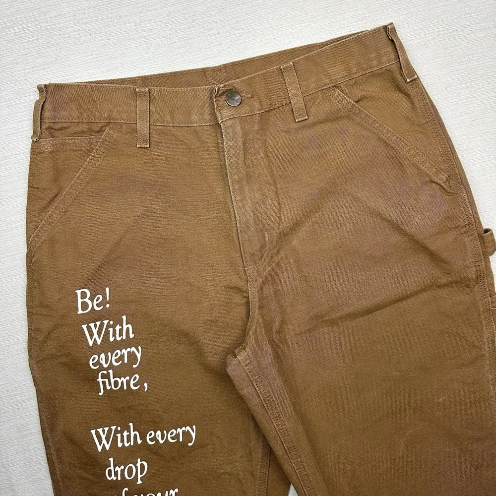 All Caps Studio Carhartt Canvas Carpennter Pants Men 31x31 Tan Distressed Script